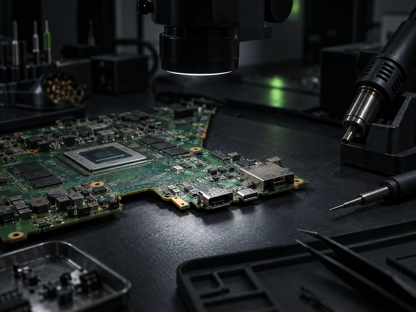 Connectique et carte mère sous microscope